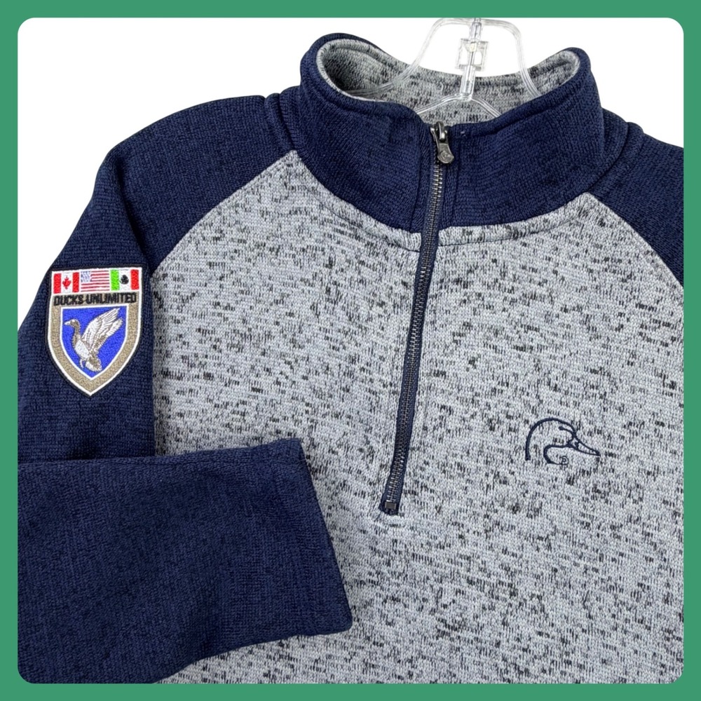 Ducks Unlimited 1/4 Zip Pullover Men Medium Gray Blue Marled Raglan Fleece Patch